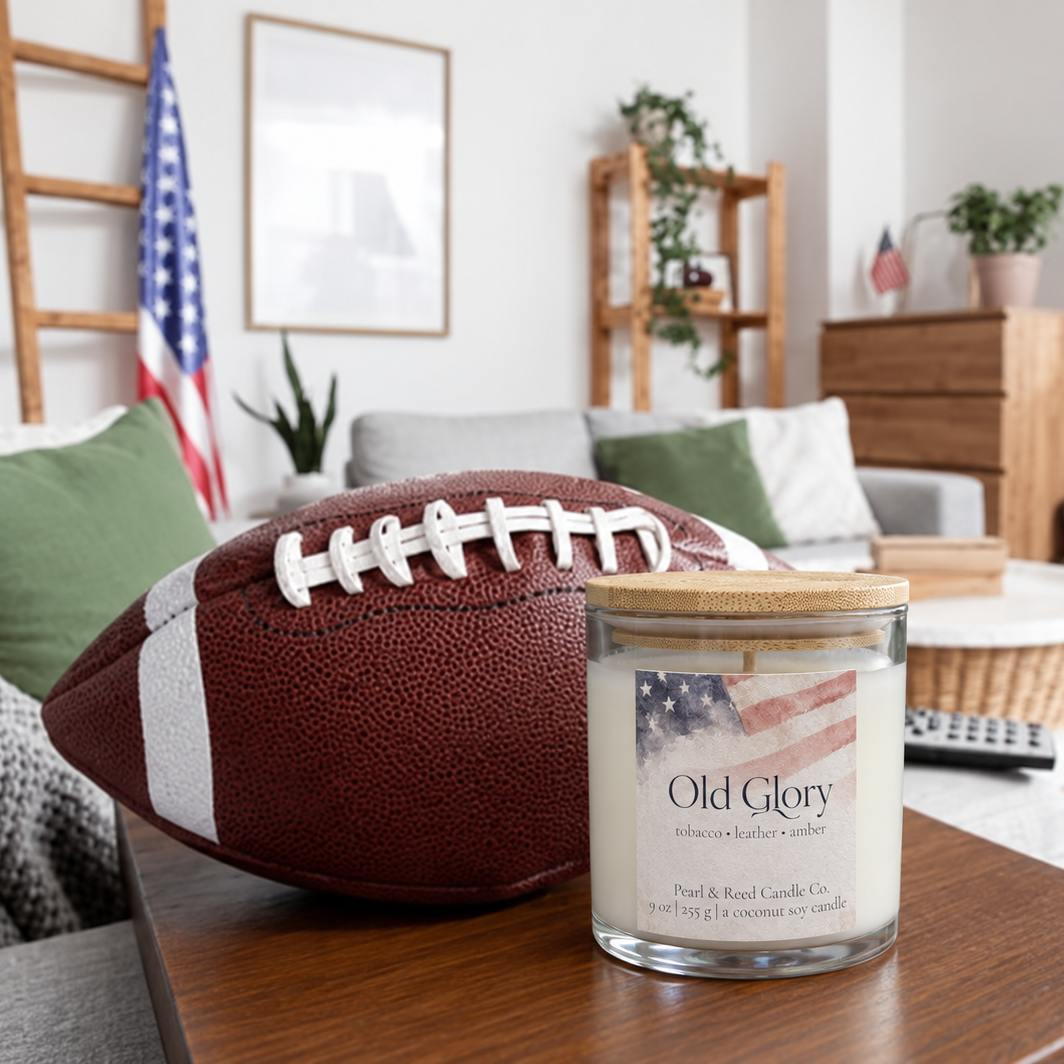 Pearl & Reed Old Glory coconut-soy candle with tobacco, leather and amber
