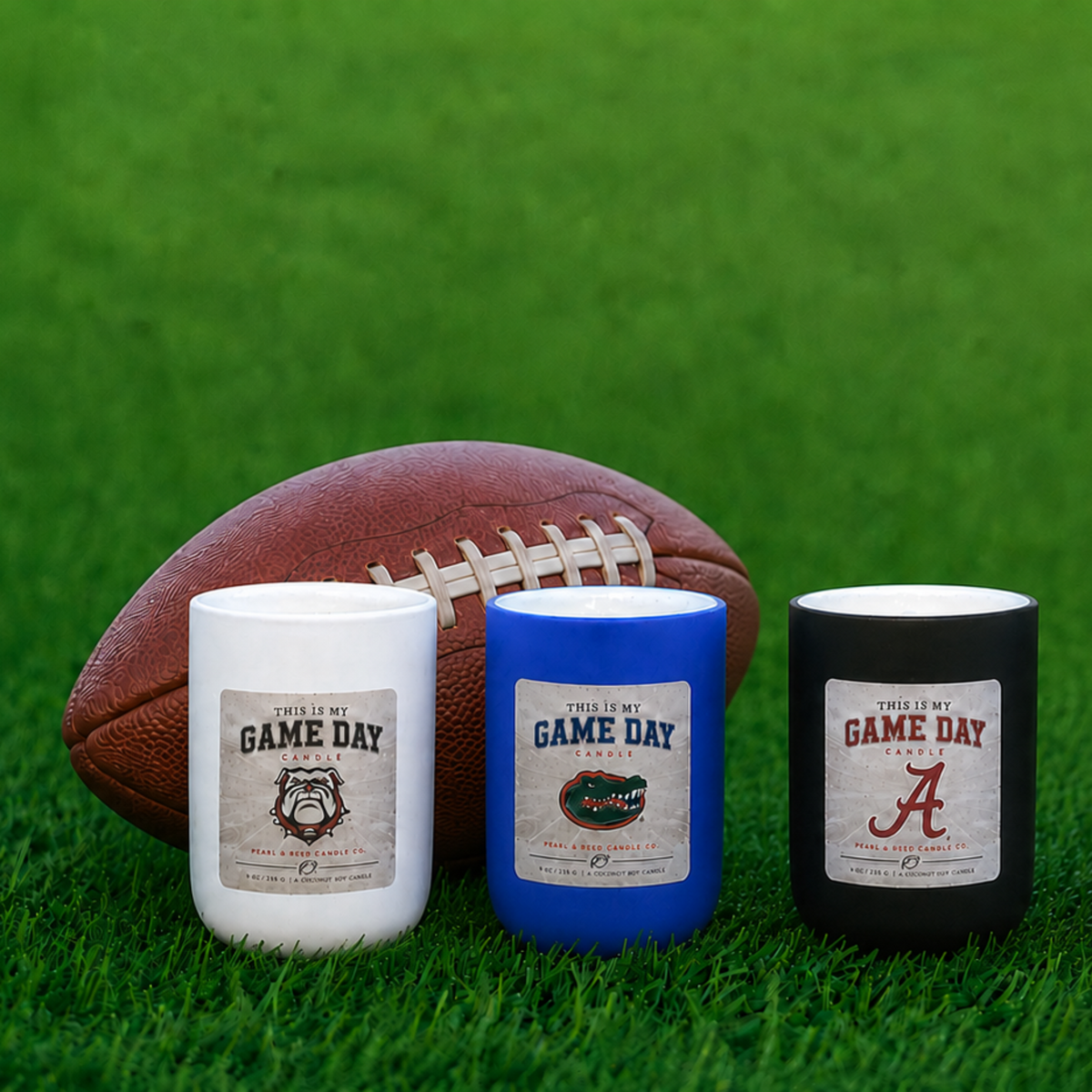 Game Day coconut soy candles in college team colors by Pearl & Reed